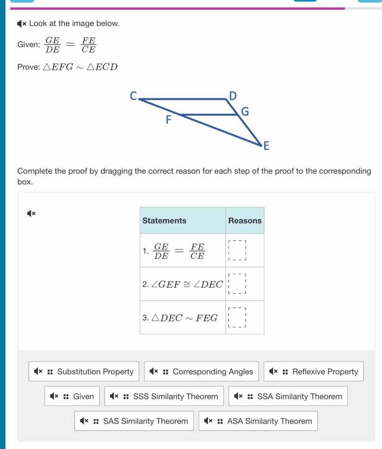 look at the image below. given: \\(\frac{ge}{de} = \frac{fe}{ce}\\) pro…