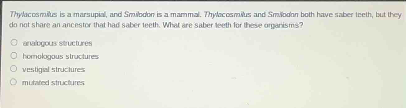 thylacosmilus is a marsupial, and smilodon is a mammal. thylacosmilus a…