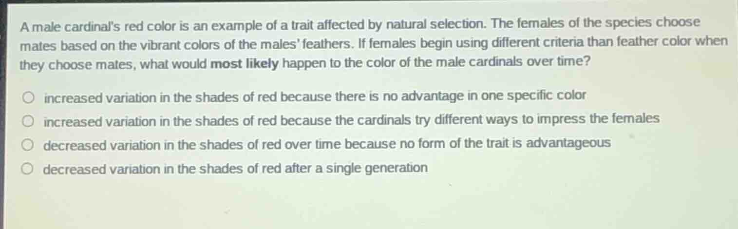 a male cardinals red color is an example of a trait affected by natural…