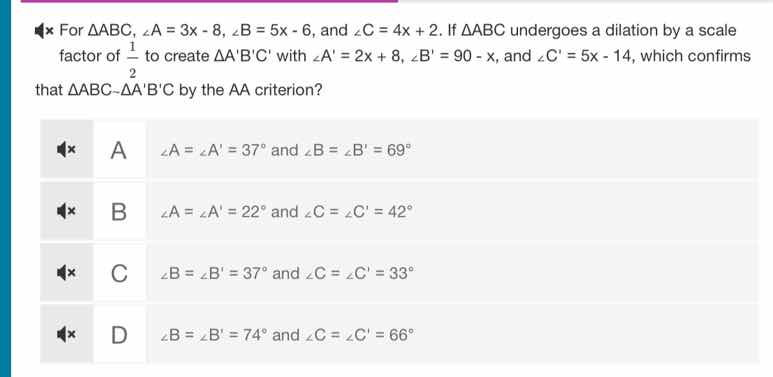 for $\\triangle abc$, $\\angle a = 3x - 8$, $\\angle b = 5x - 6$, and $…