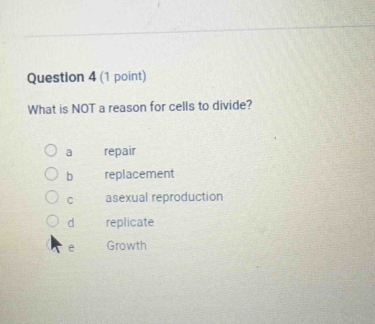 question 4 (1 point) what is not a reason for cells to divide? a repair…