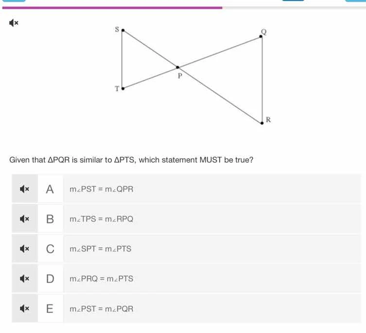 given that δpqr is similar to δpts, which statement must be true? a ( m…