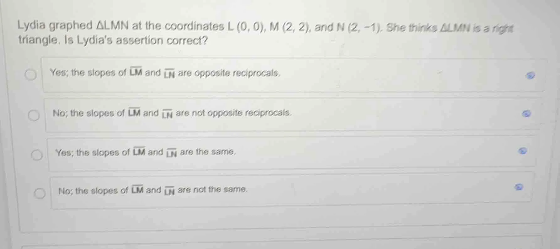 lydia graphed $\\triangle lmn$ at the coordinates $l (0, 0)$, $m (2, 2)…