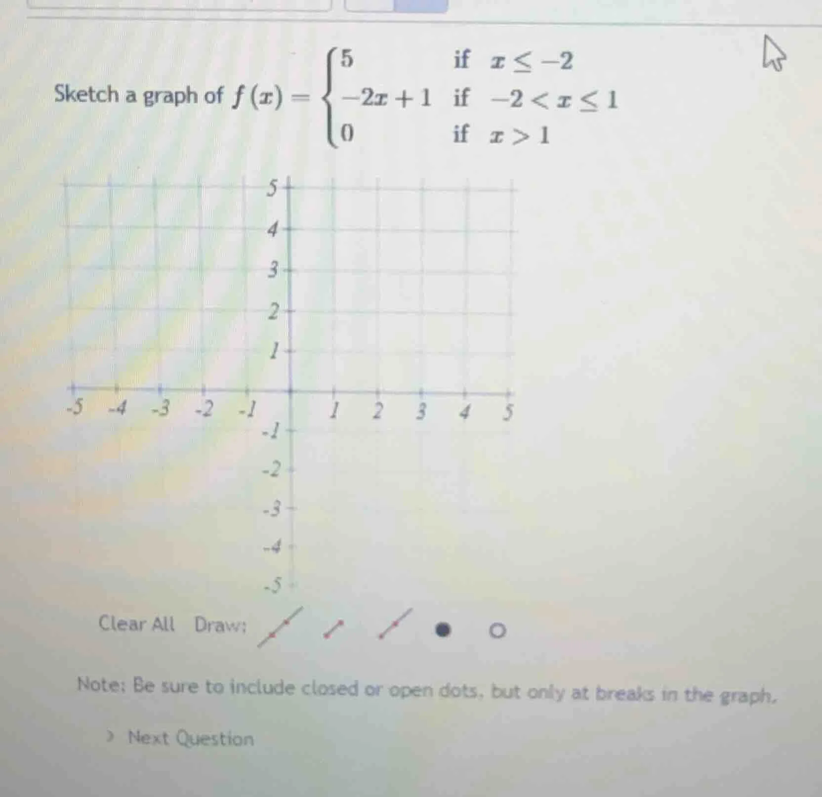 sketch a graph of $f(x)=\\begin{cases}5 & \\text{if } x\\leq -2 \\\\ -2…