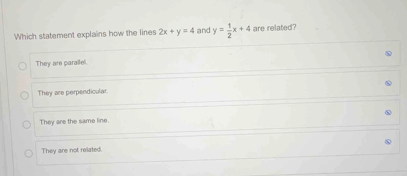 which statement explains how the lines $2x + y = 4$ and $y = \\frac{1}{…