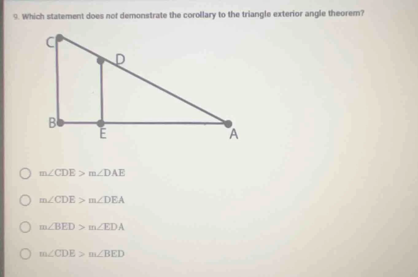 9. which statement does not demonstrate the corollary to the triangle e…