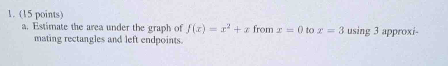 1. (15 points) a. estimate the area under the graph of $f(x) = x^2 + x$…