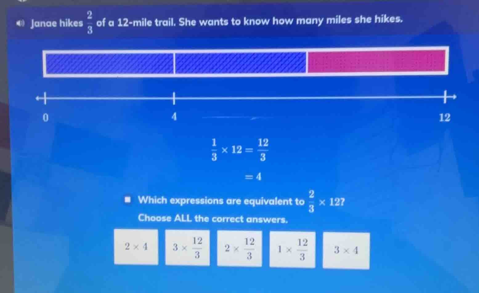 janae hikes \\(\\frac{2}{3}\\) of a 12 - mile trail. she wants to know …