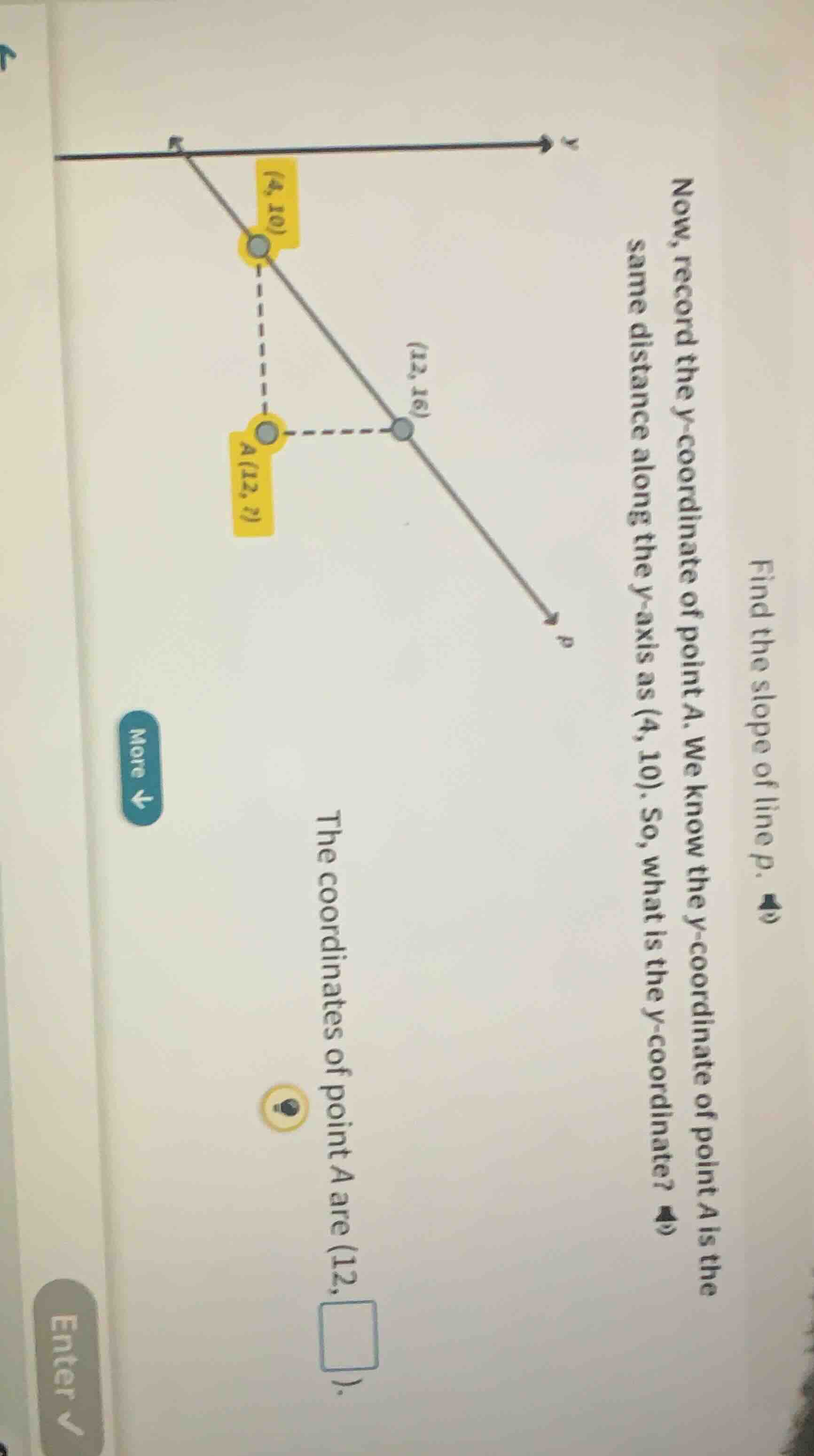 find the slope of line p. now, record the y - coordinate of point a. we…