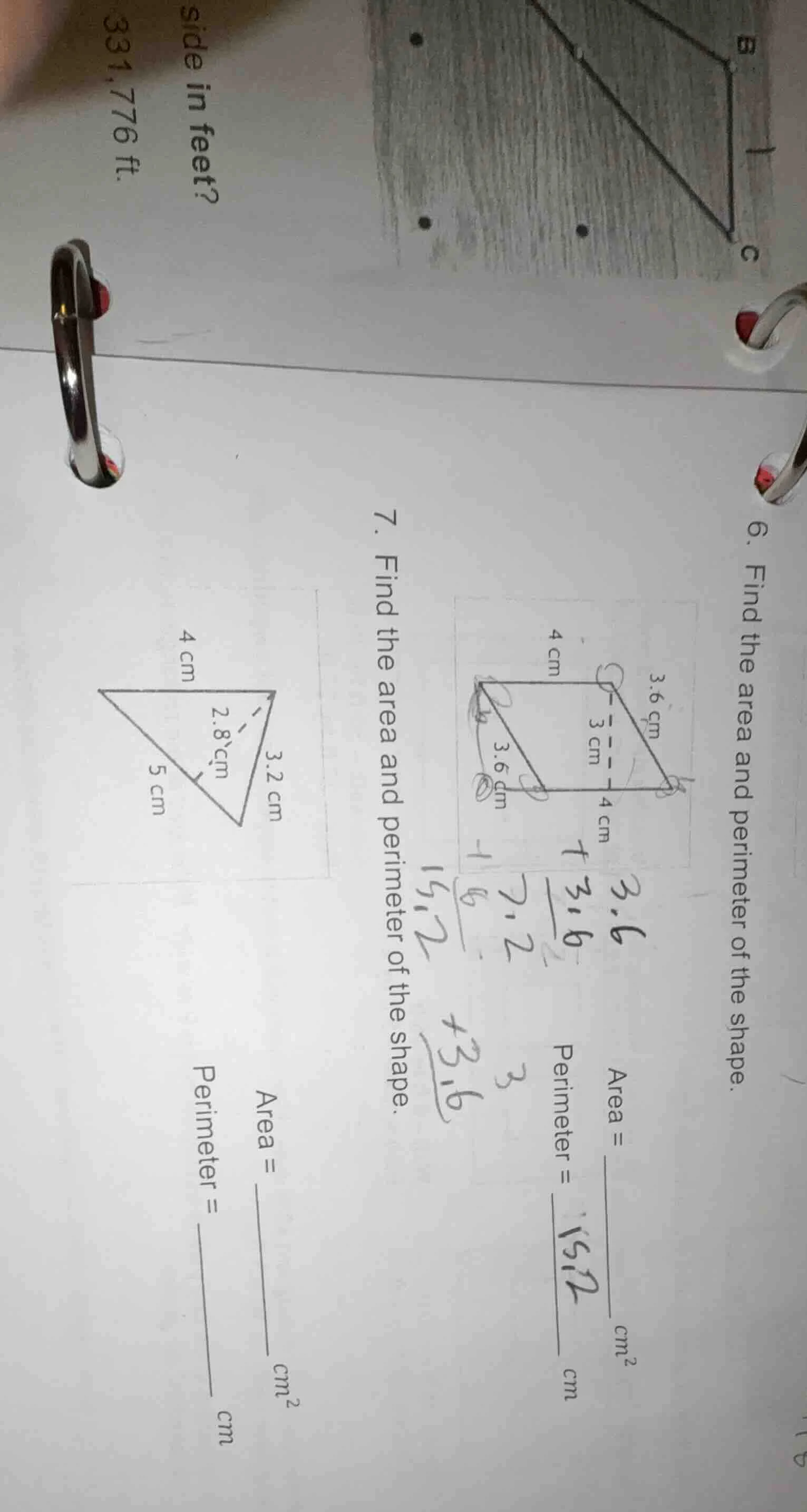 7. find the area and perimeter of the shape. (the triangle has sides 4 …