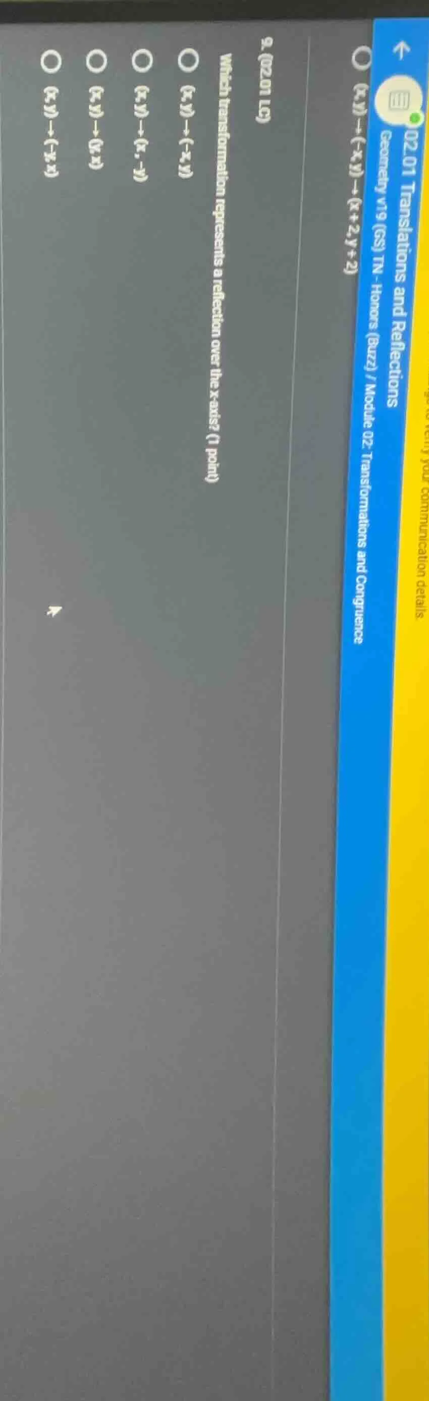 9. (02.01 lc) which transformation represents a reflection over the x -…