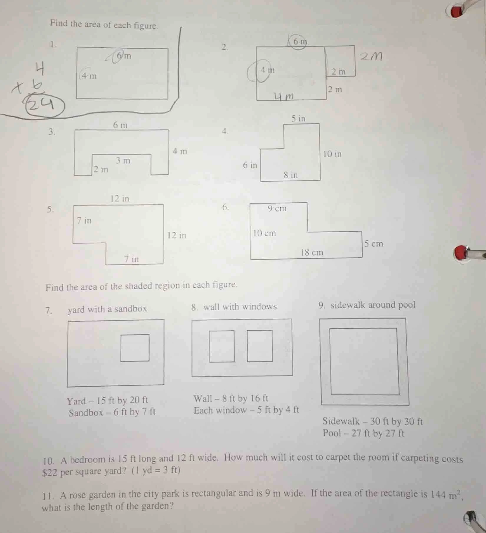 find the area of each figure. 1. 2. 3. 4. 5. 6. find the area of the sh…