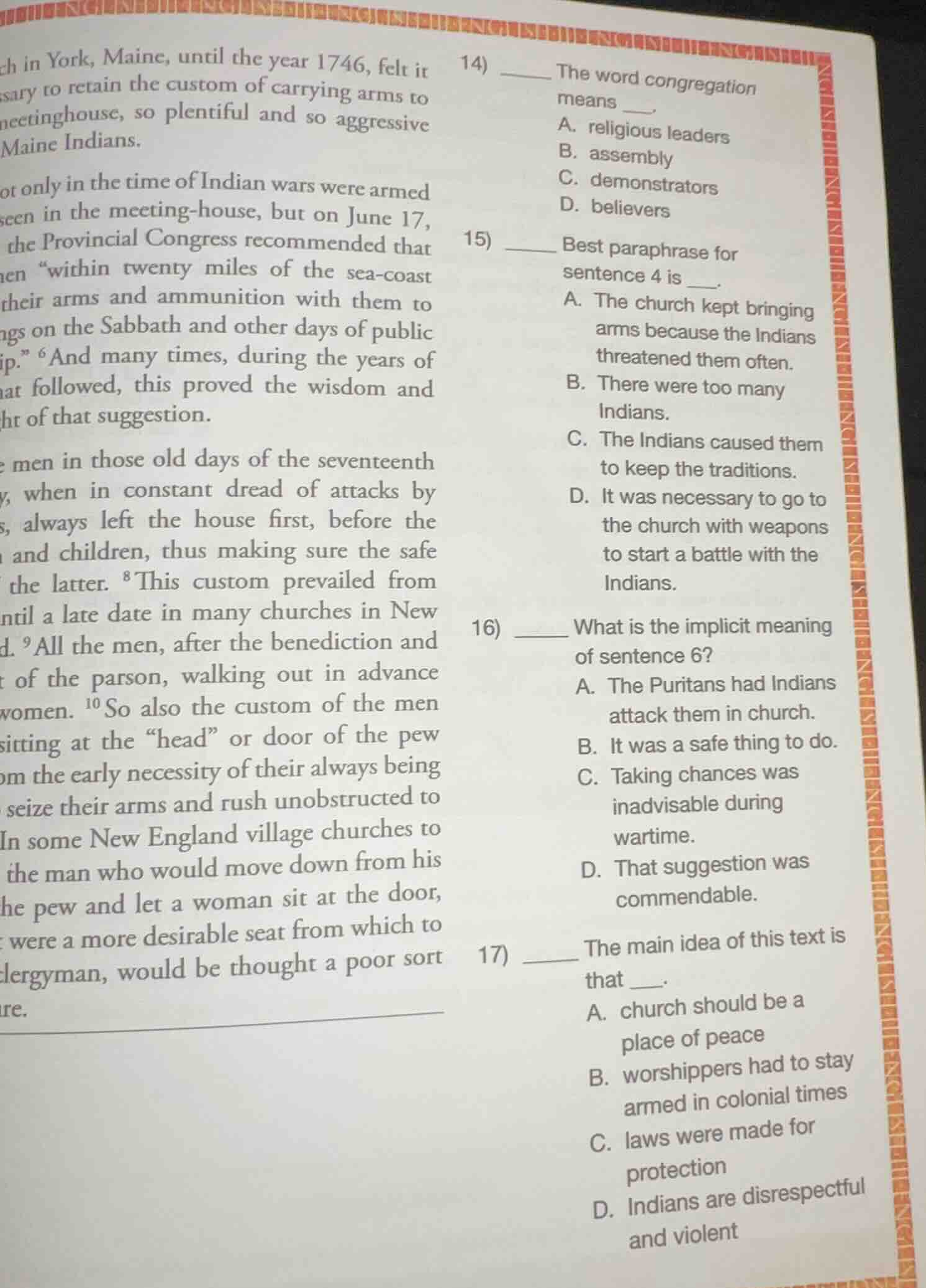 14) ____ the word congregation means ___. a. religious leaders b. assem…