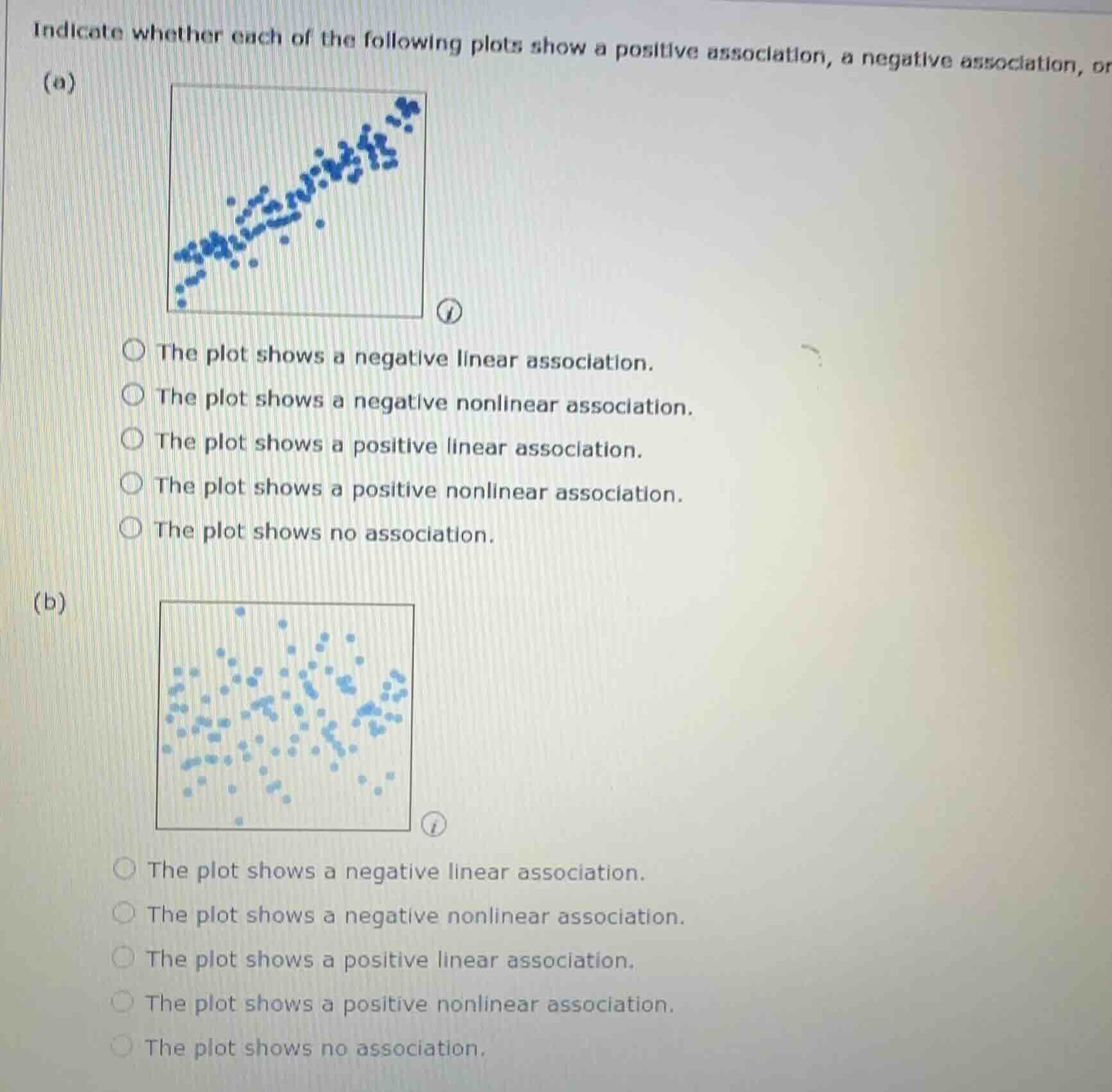 indicate whether each of the following plots show a positive associatio…