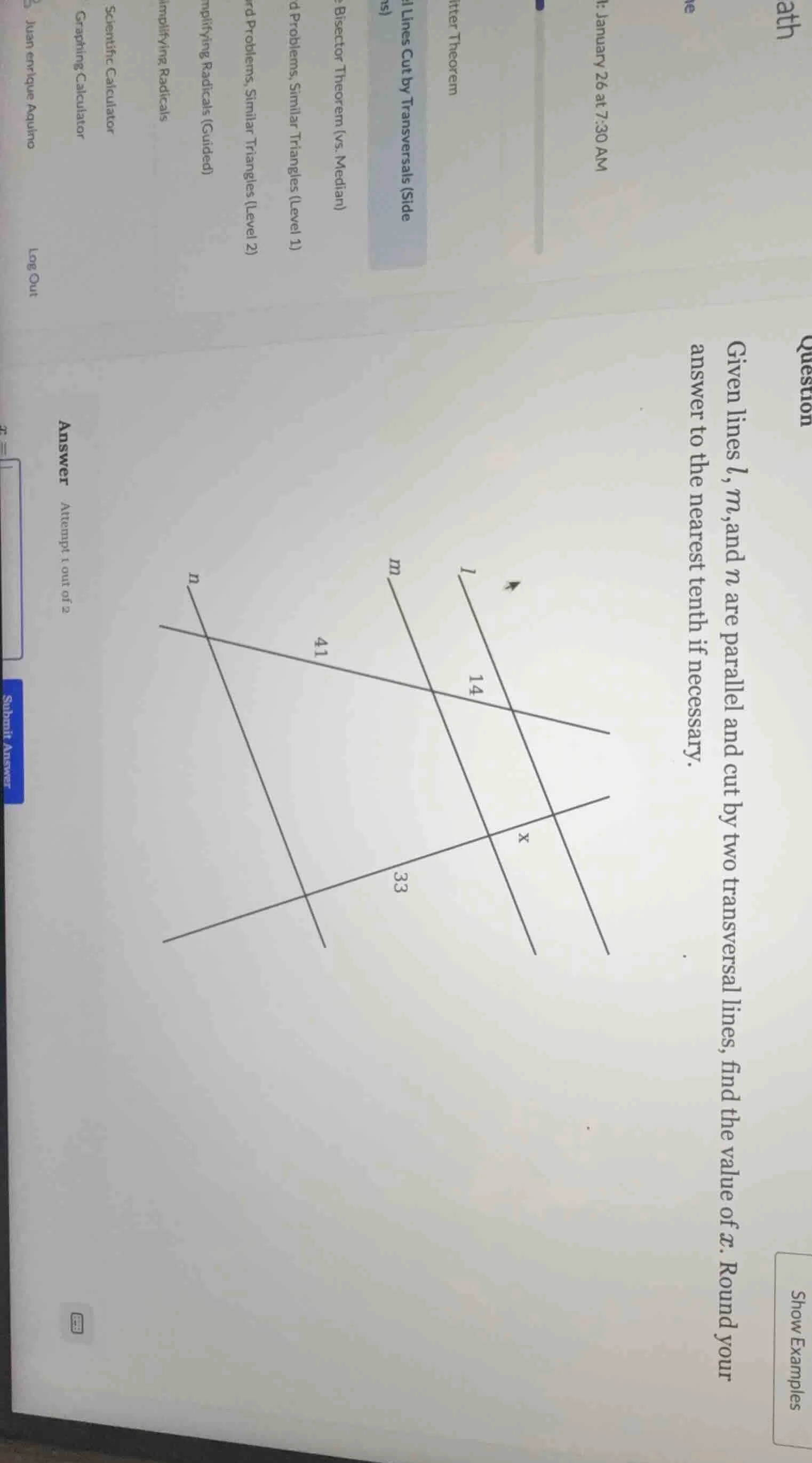 given lines l, m, and n are parallel and cut by two transversal lines, …