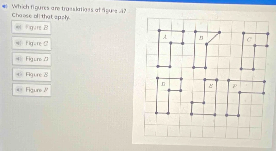 which figures are translations of figure a? choose all that apply. figu…