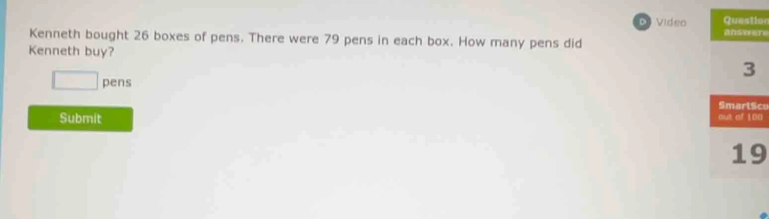 kenneth bought 26 boxes of pens. there were 79 pens in each box. how ma…