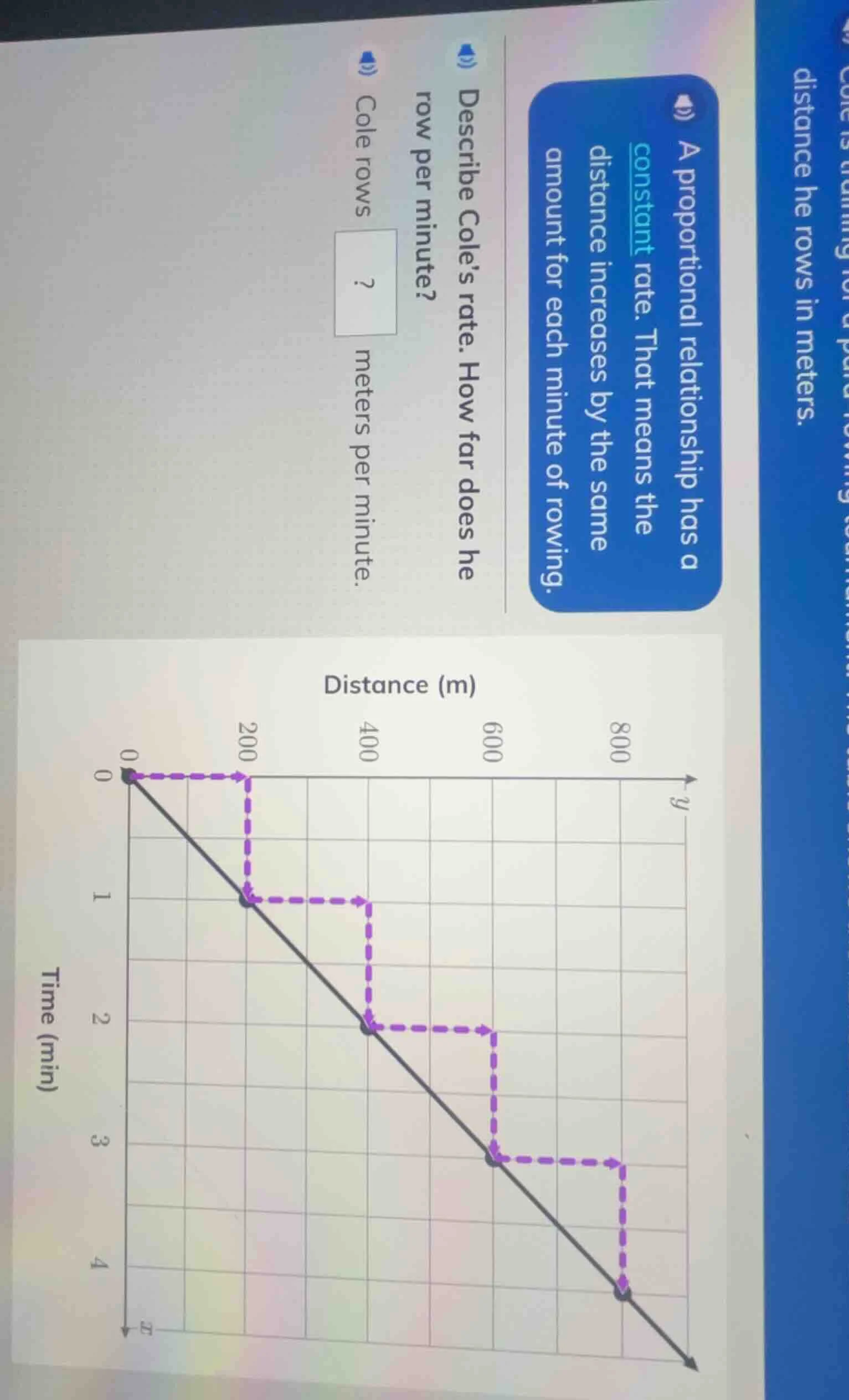 a proportional relationship has a constant rate. that means the distanc…