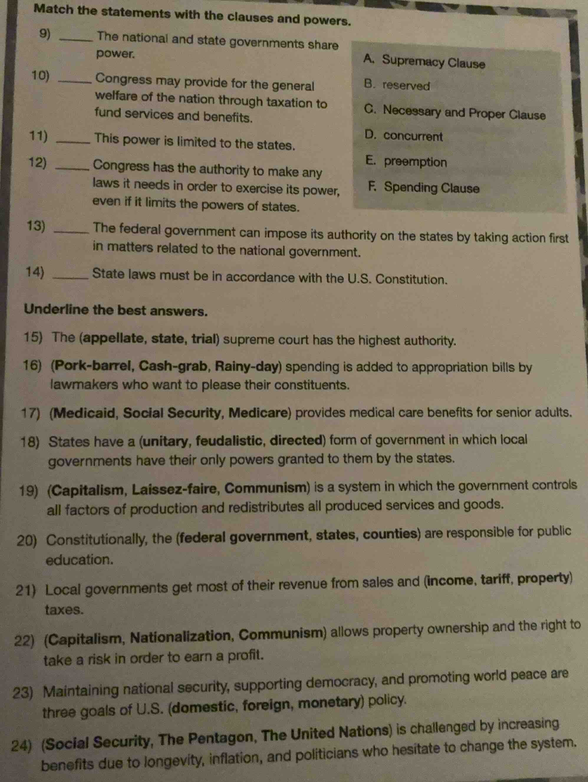 match the statements with the clauses and powers. 9) ______ the nationa…