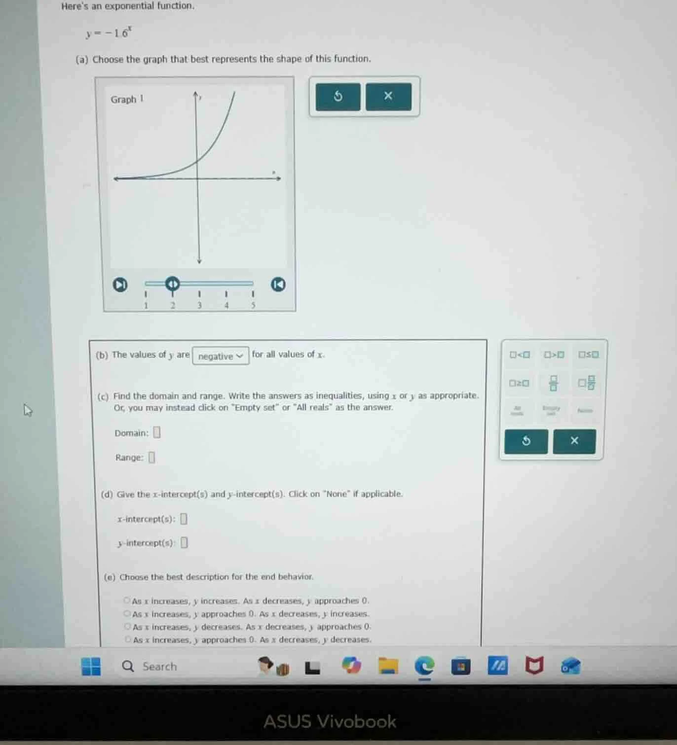 heres an exponential function. \\( y = -1.6^x \\) (a) choose the graph …