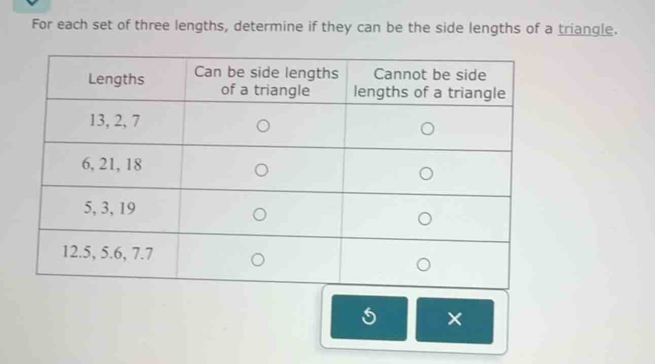 for each set of three lengths, determine if they can be the side length…