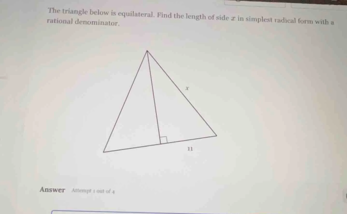 the triangle below is equilateral. find the length of side ( x ) in sim…