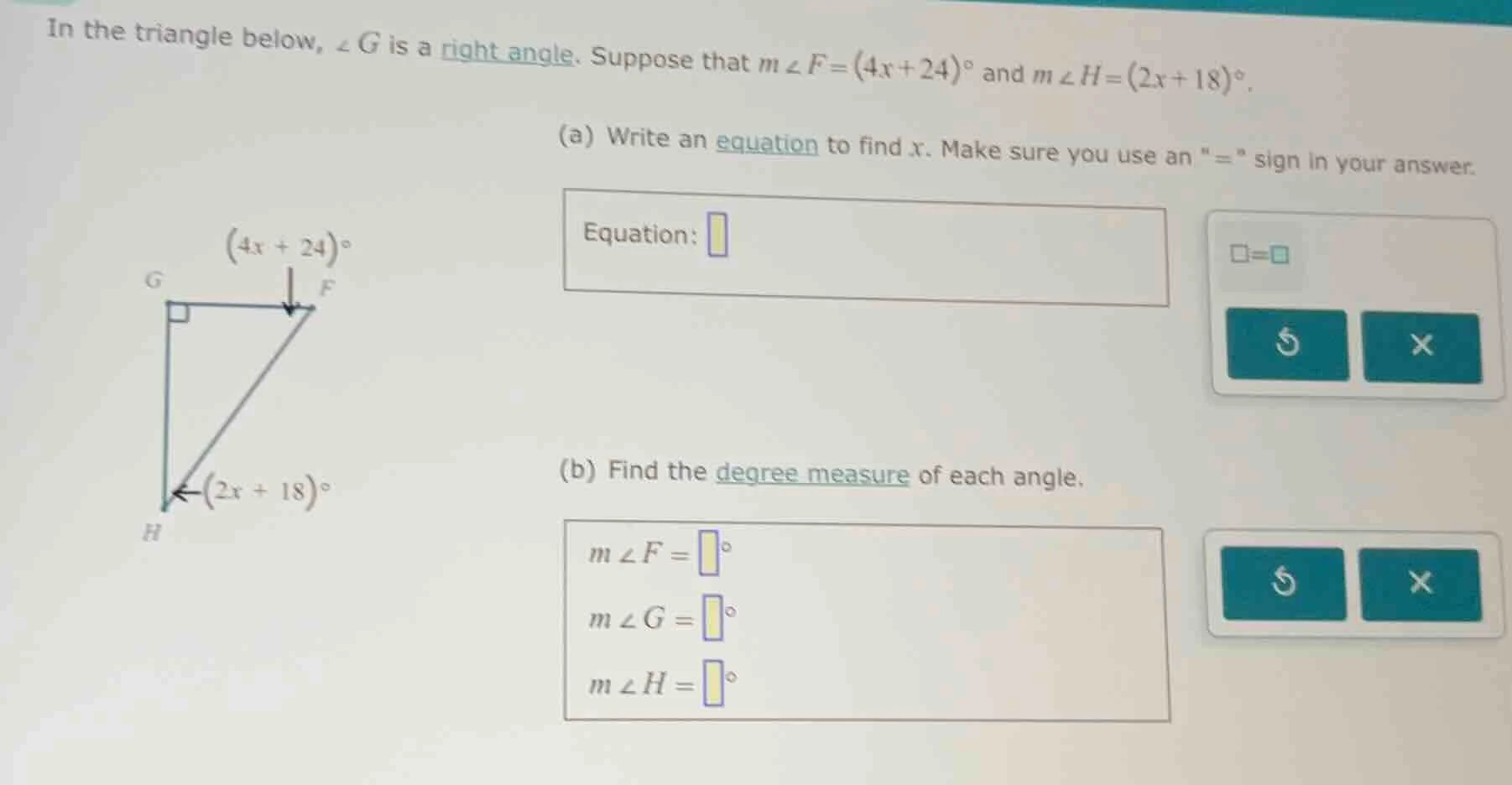 in the triangle below, ∠g is a right angle. suppose that m∠f=(4x+24)° a…