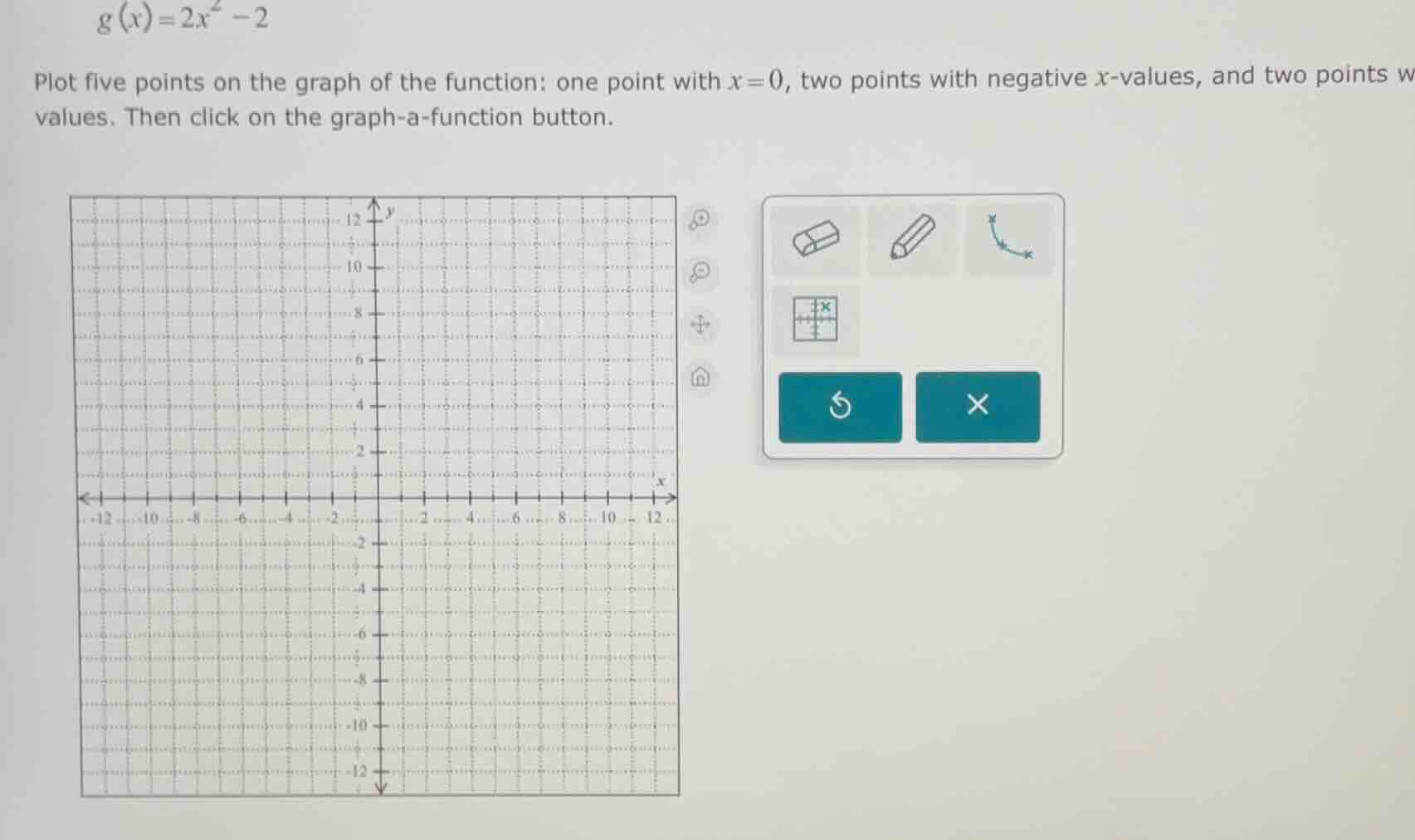 g(x)=2x² - 2 plot five points on the graph of the function: one point w…