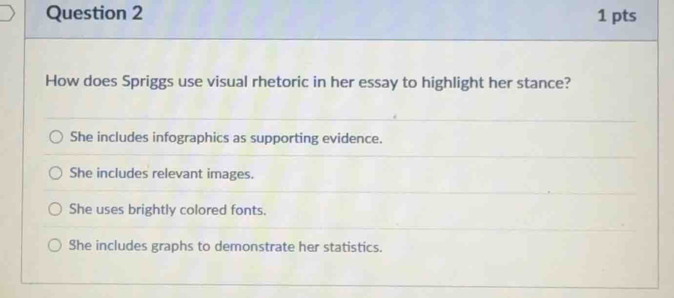 question 2 1 pts how does spriggs use visual rhetoric in her essay to h…