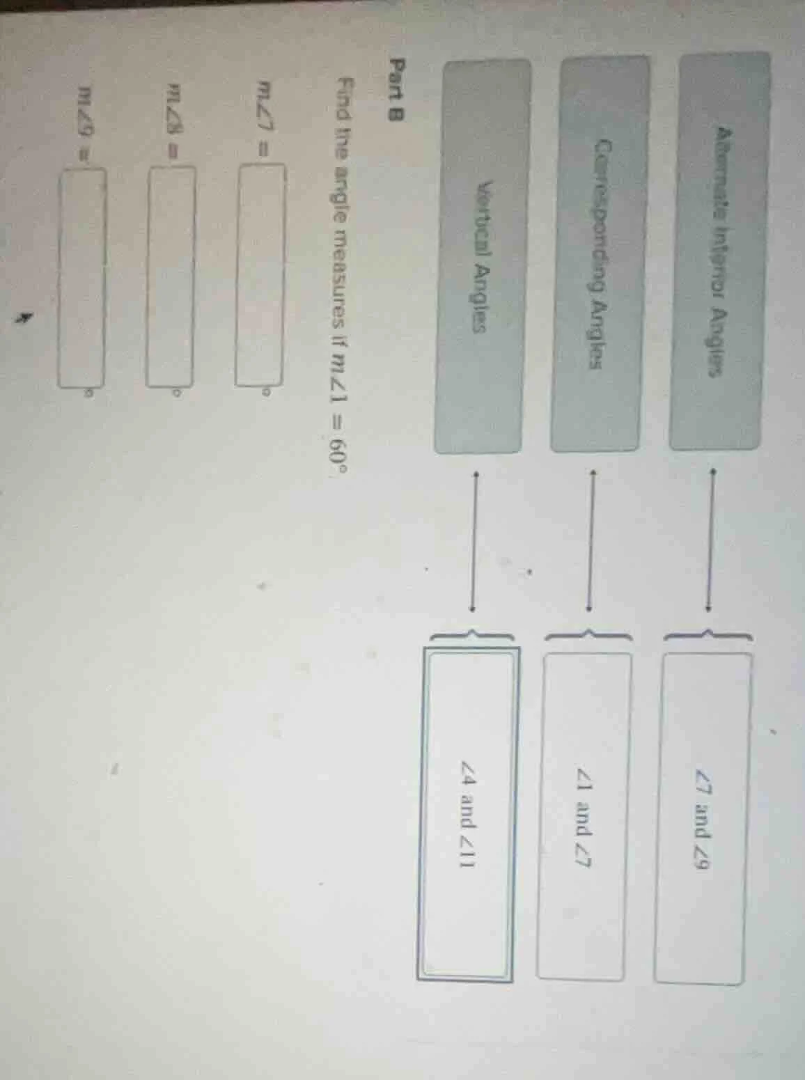 part b find the angle measures if ( mangle1 = 60^circ ). ( mangle7 = ) …
