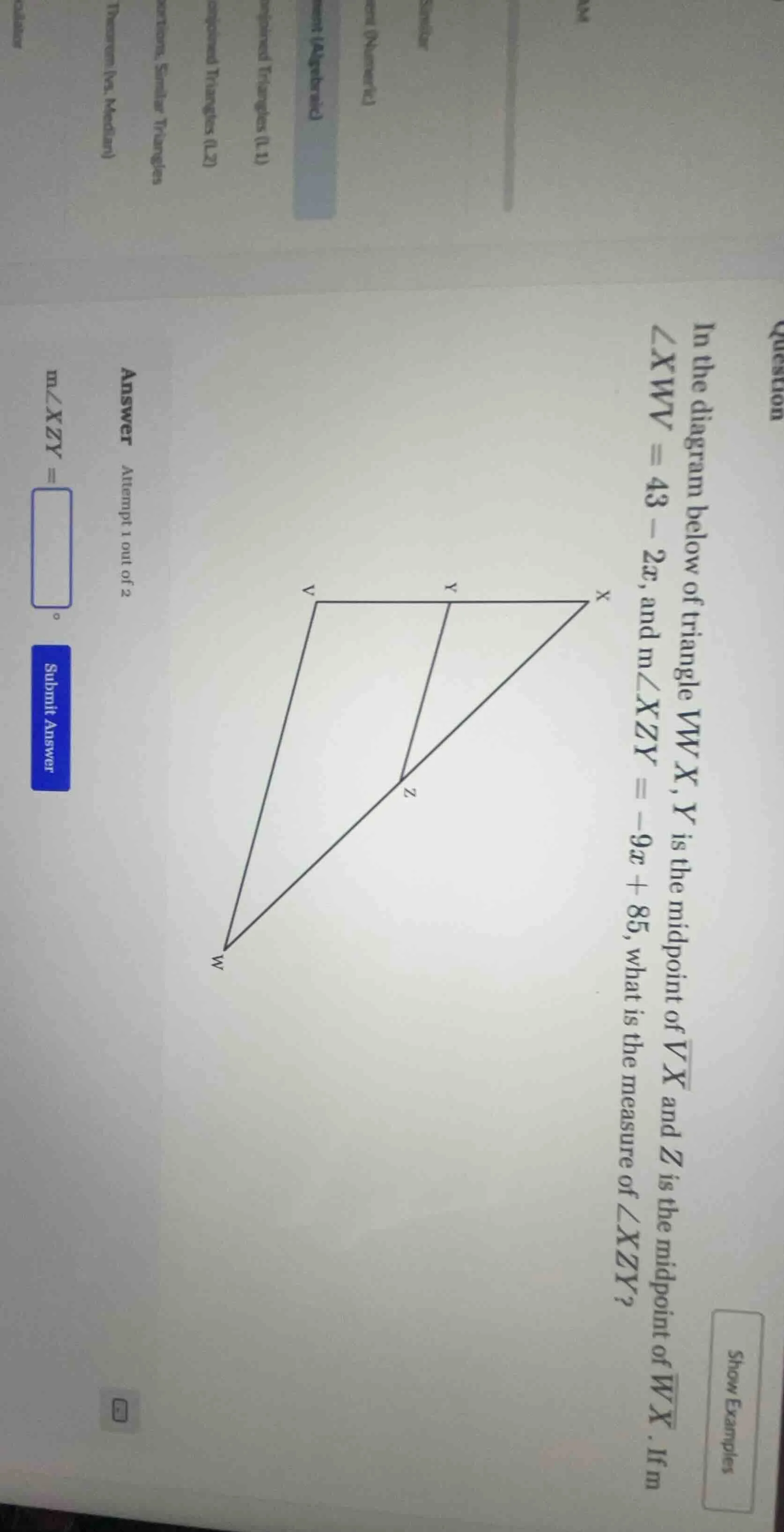 question in the diagram below of triangle vwx, y is the midpoint of \\(…