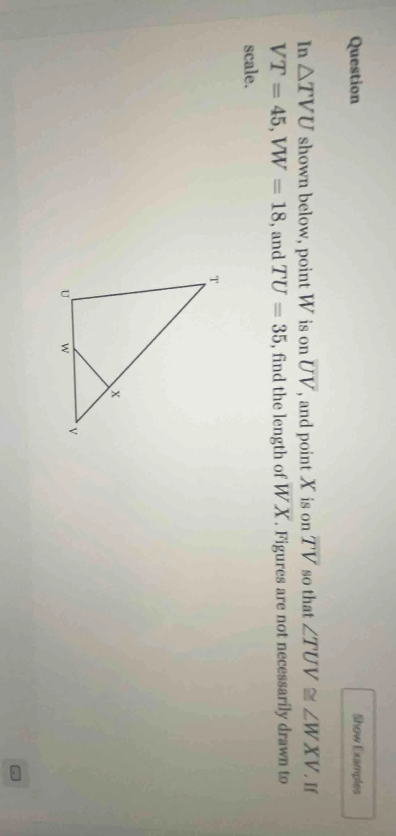 question in $\\triangle tvu$ shown below, point $w$ is on $\\overline{u…