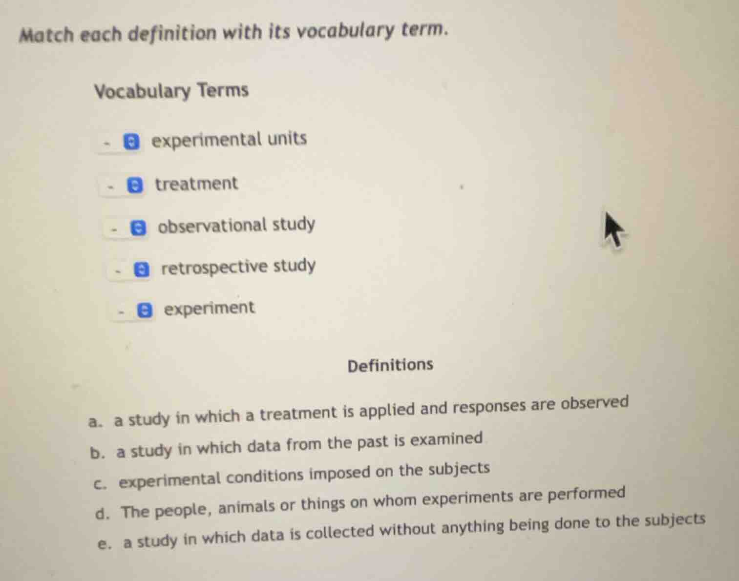 match each definition with its vocabulary term. vocabulary terms - expe…