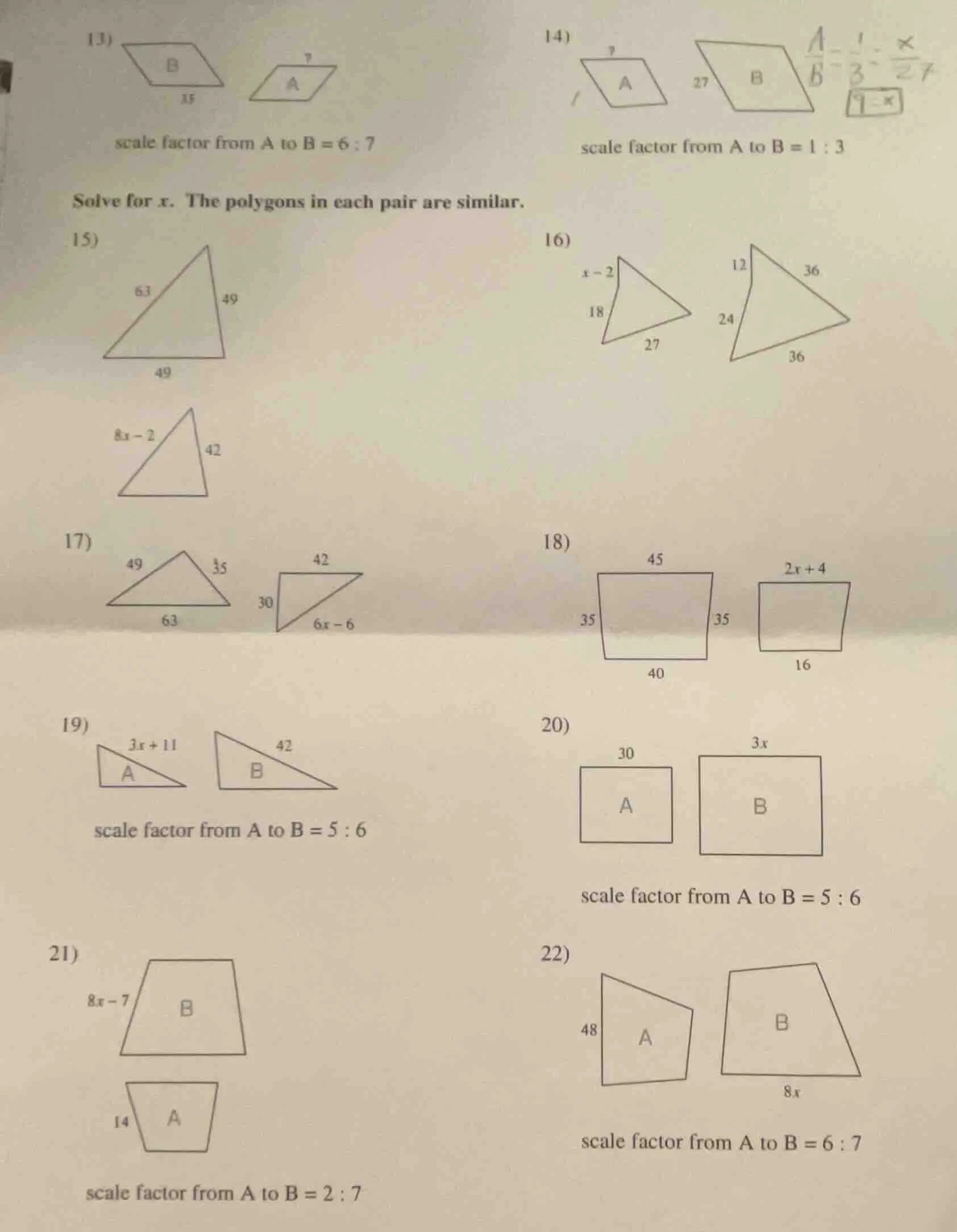 13) scale factor from a to b = 6 : 7 14) scale factor from a to b = 1 :…