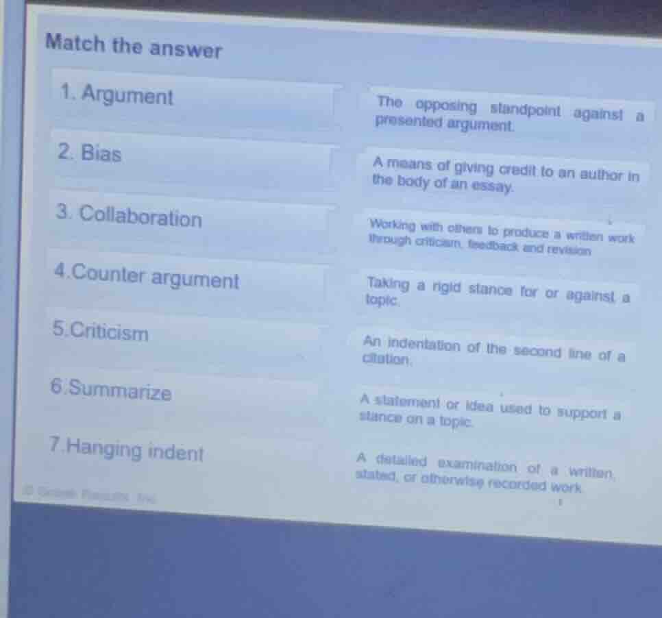 match the answer 1. argument the opposing standpoint against a presente…