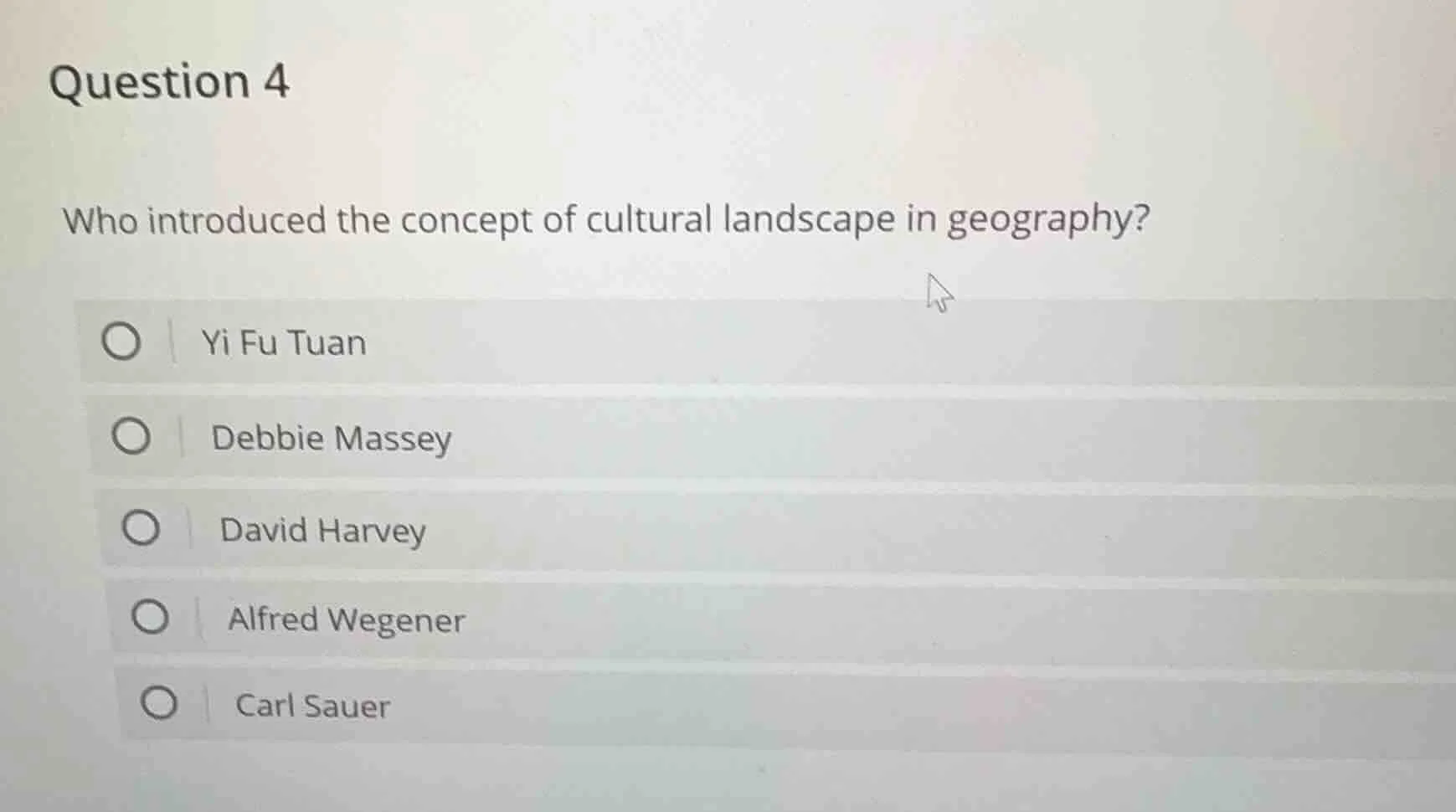 question 4 who introduced the concept of cultural landscape in geograph…