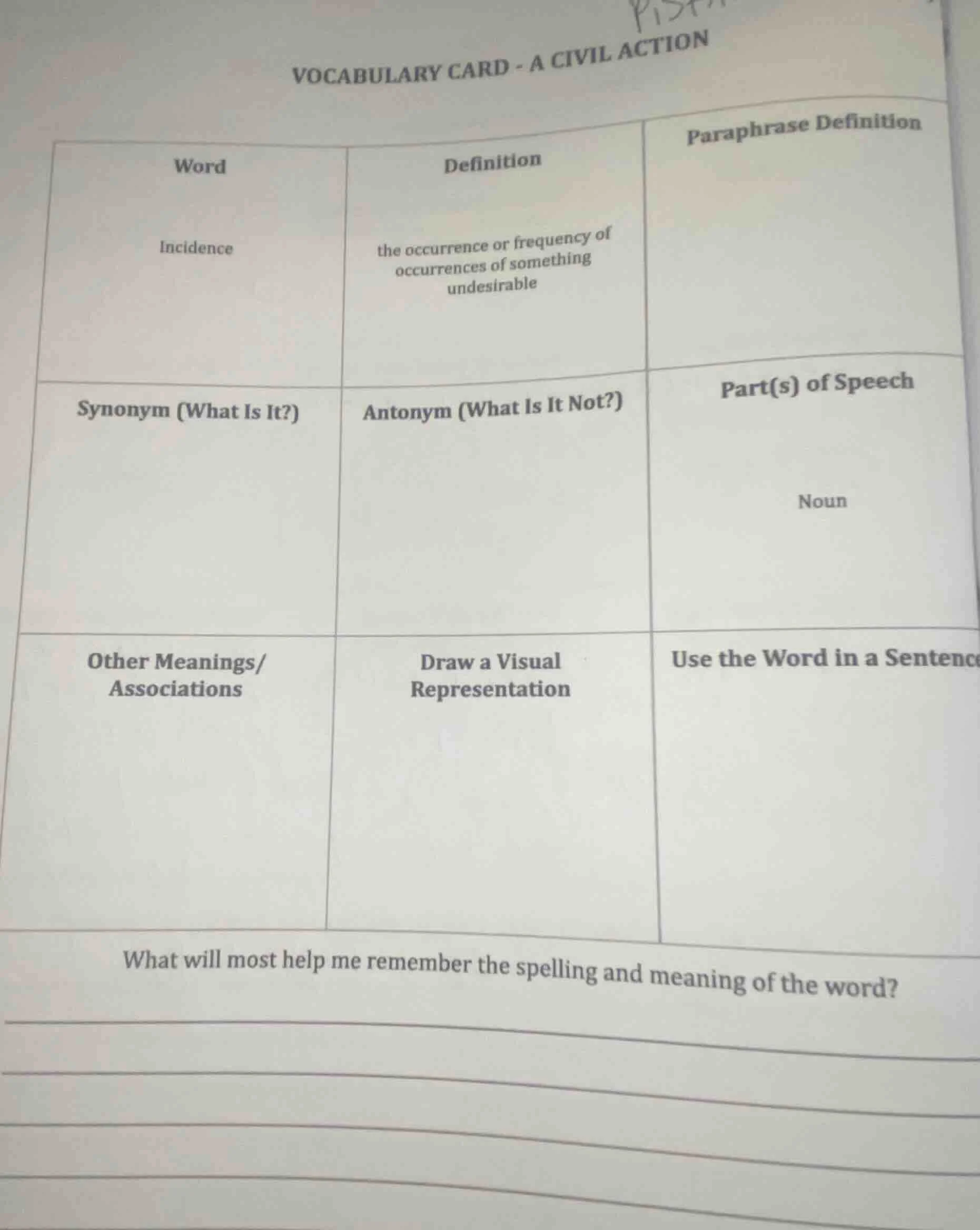 vocabulary card - a civil action word: incidence definition: the occurr…