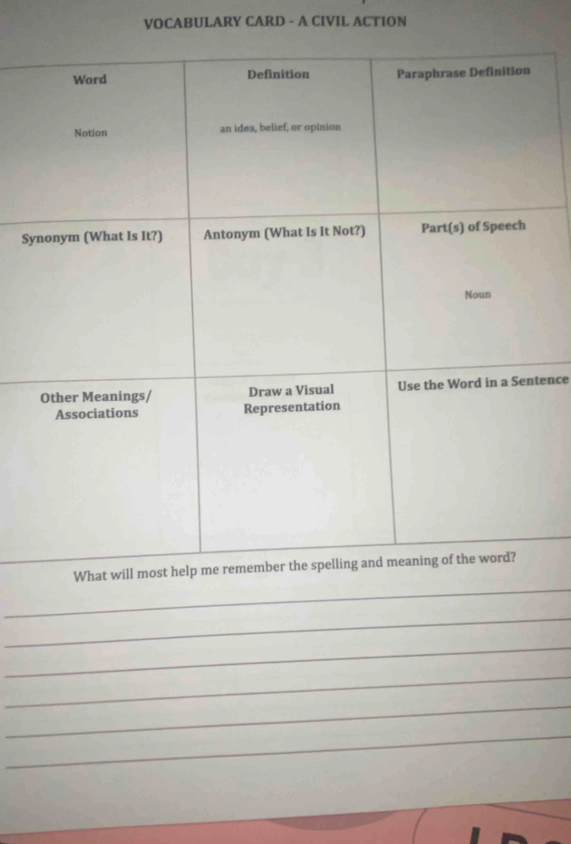 vocabulary card - a civil action word: notion definition: an idea, beli…