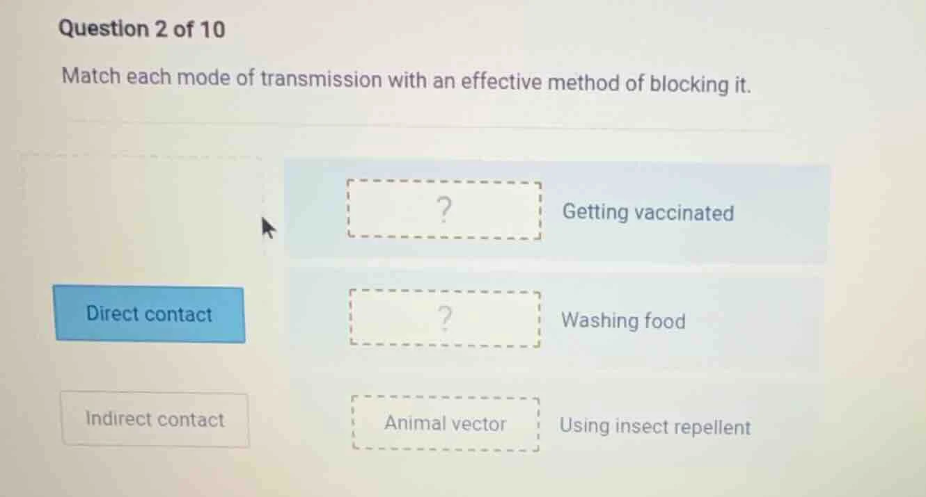 question 2 of 10 match each mode of transmission with an effective meth…