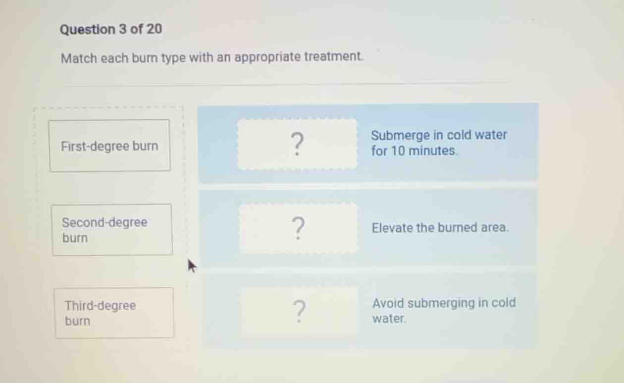 question 3 of 20 match each burn type with an appropriate treatment. fi…