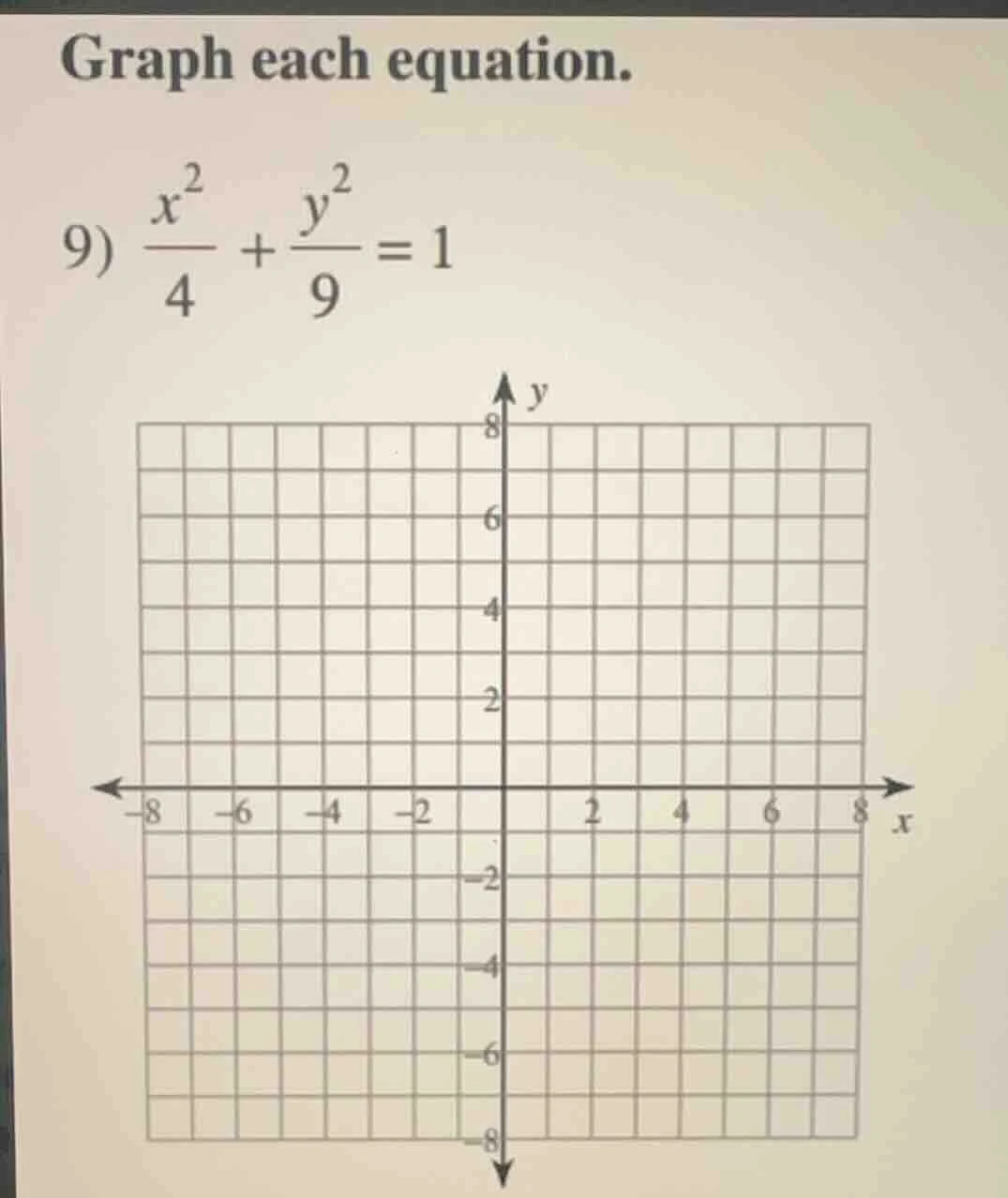 graph each equation. 9) \\(\\frac{x^2}{4} + \\frac{y^2}{9} = 1\\)
