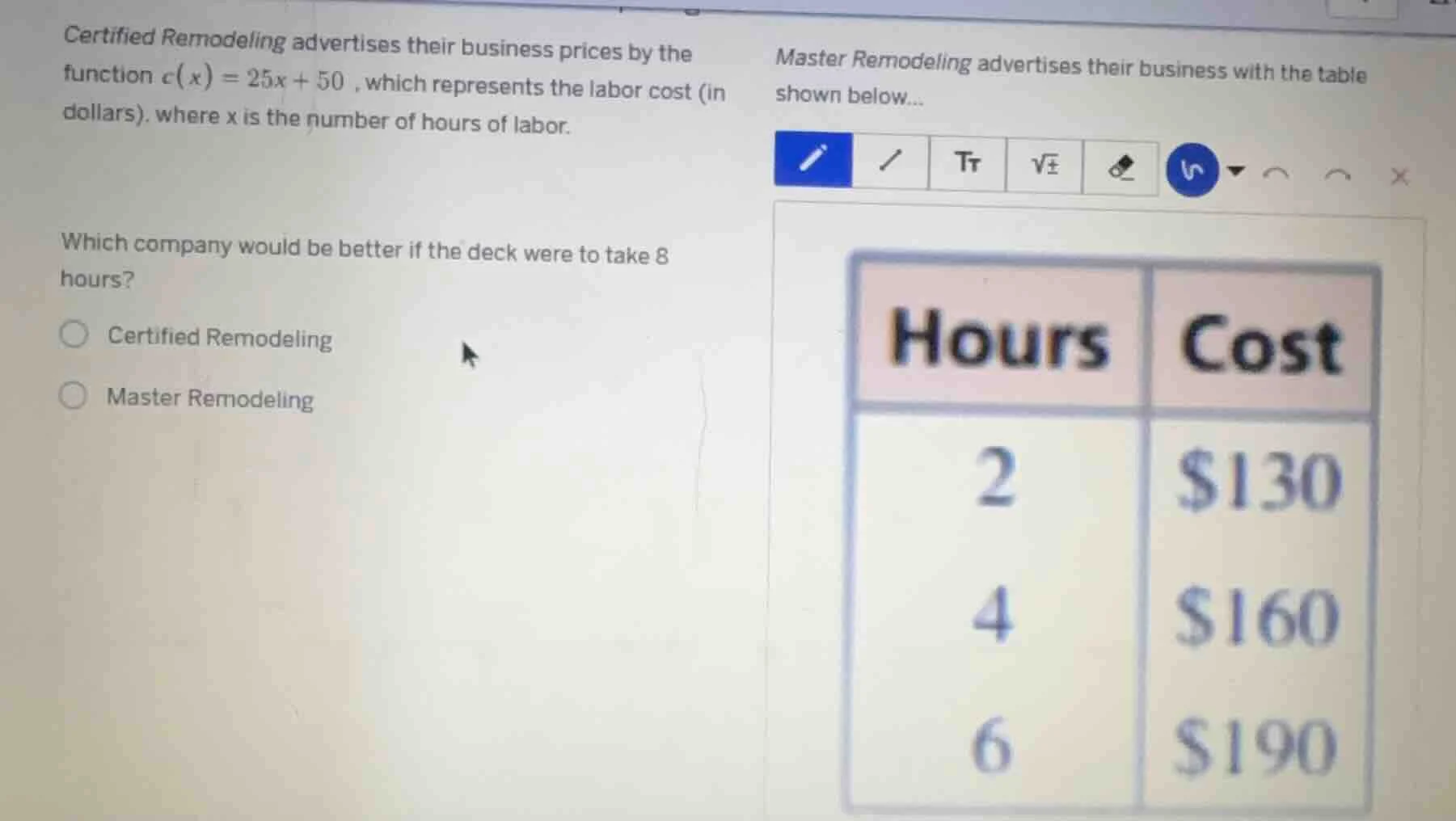 certified remodeling advertises their business prices by the function $…