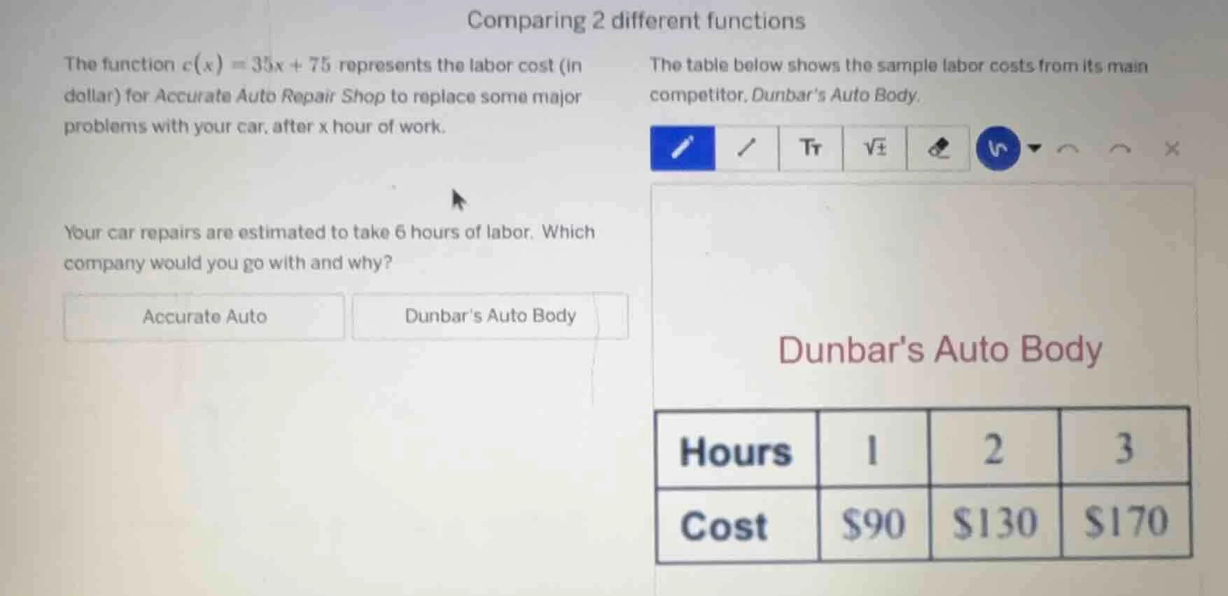 comparing 2 different functions the function $c(x) = 35x + 75$ represen…