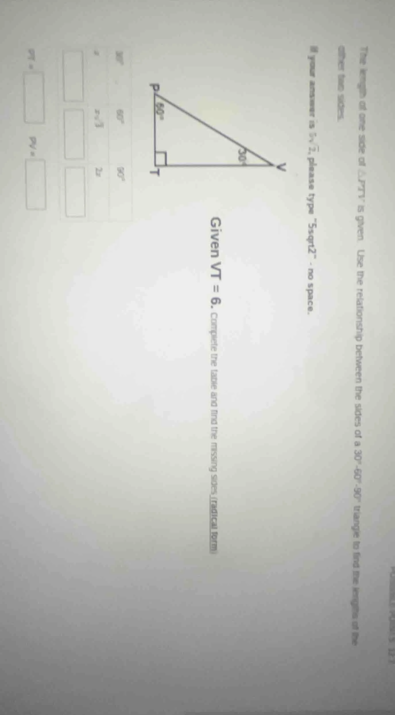 the length of one side of △ptv is given. use the relationship between t…