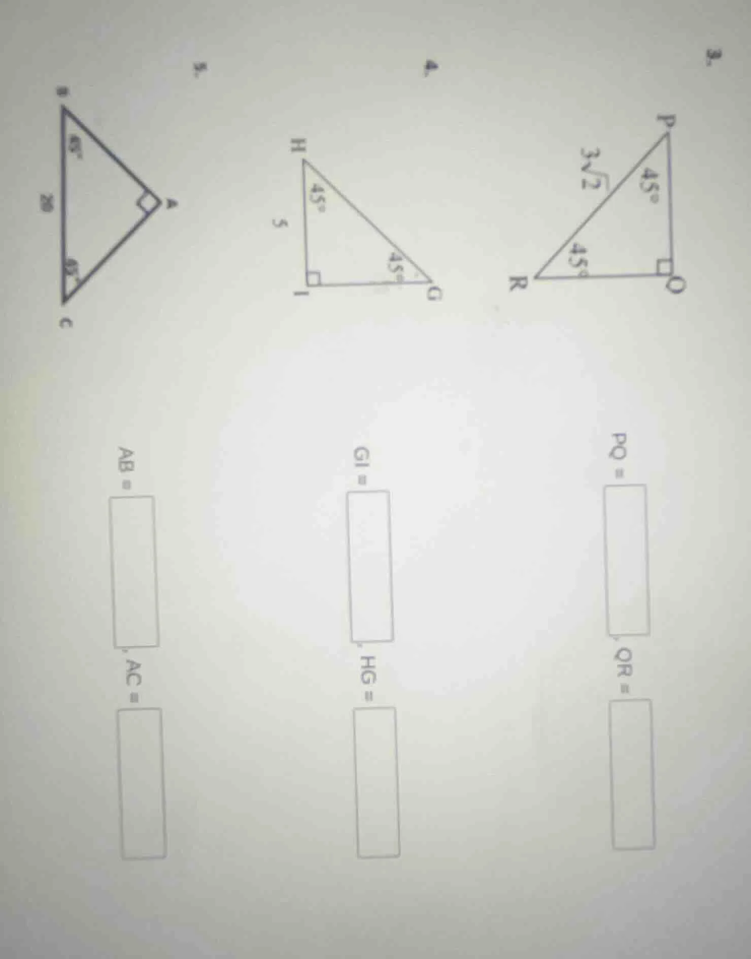 3. triangle pqr with right angle at q, angles at p and r are 45° each, …