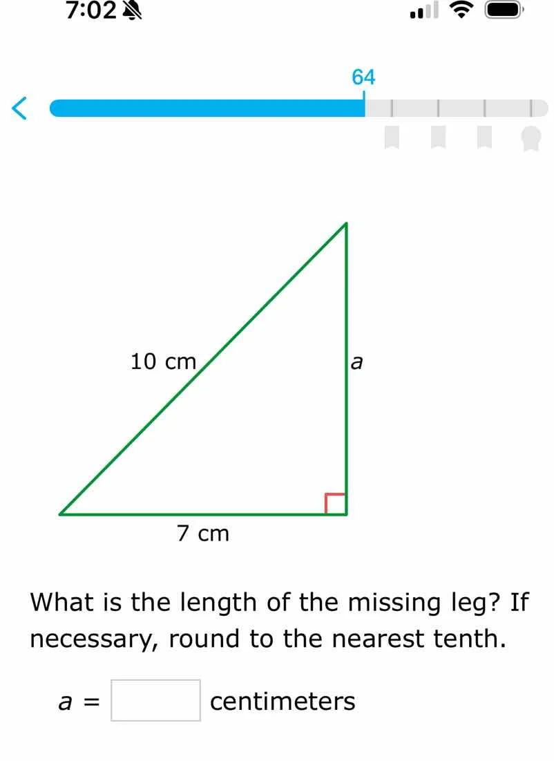 10 cm, 7 cm, a. what is the length of the missing leg? if necessary, ro…