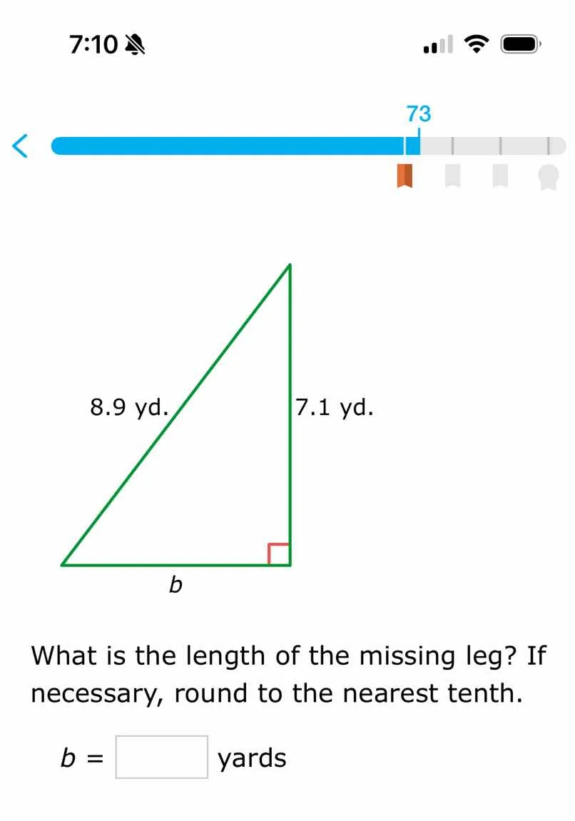 8.9 yd. 7.1 yd. b what is the length of the missing leg? if necessary, …