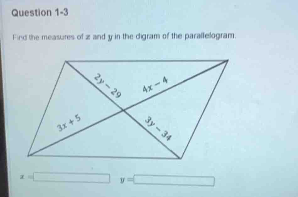question 1-3 find the measures of ( x ) and ( y ) in the digram of the …