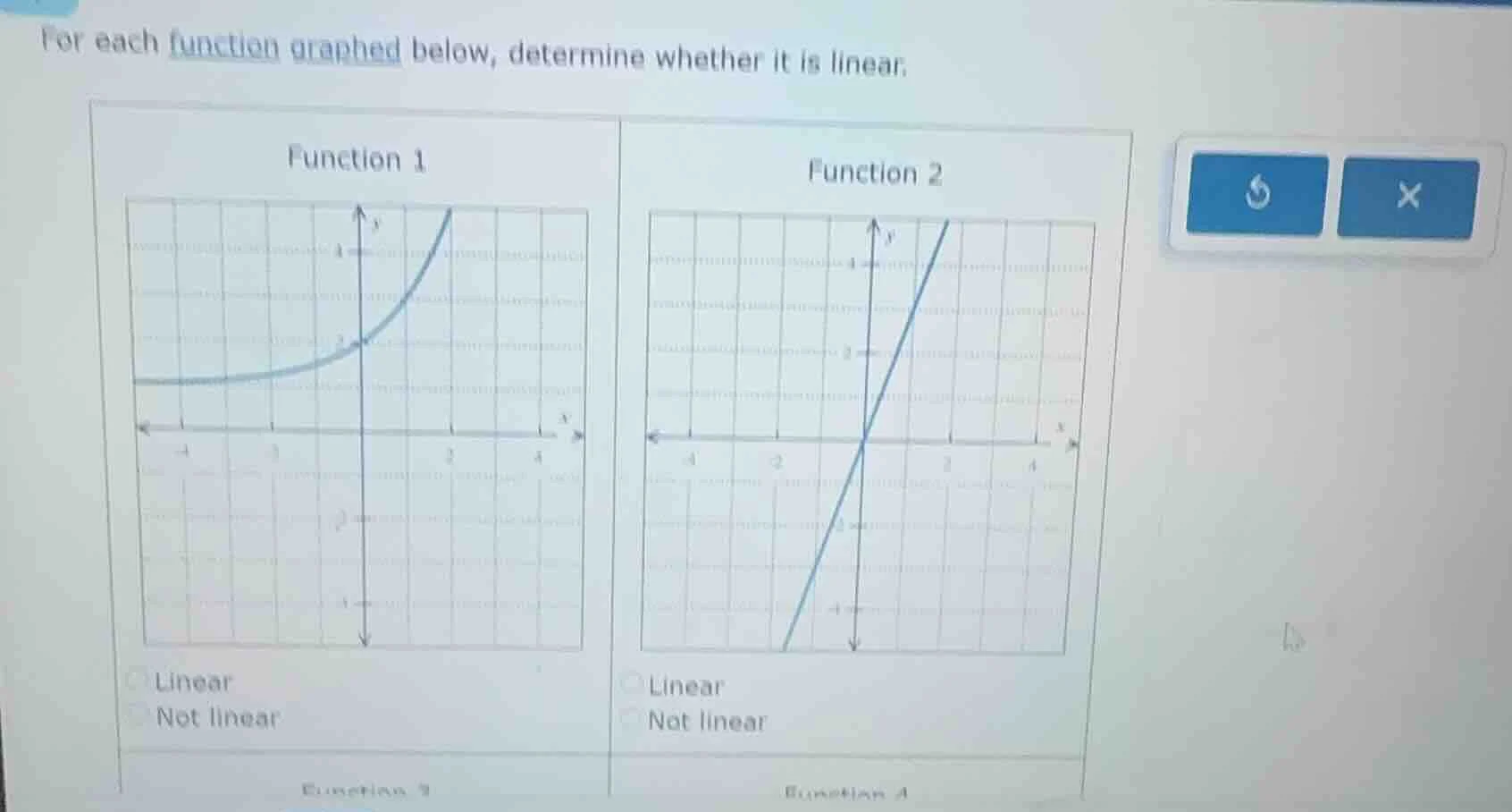 for each function graphed below, determine whether it is linear, functi…