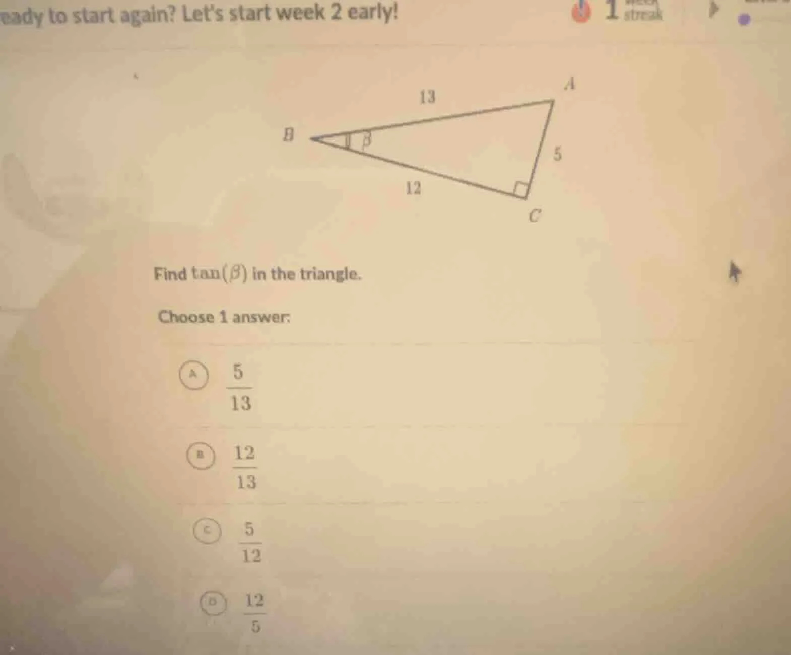 find \\(\\tan(\\beta)\\) in the triangle. choose 1 answer: a \\(\\frac{…